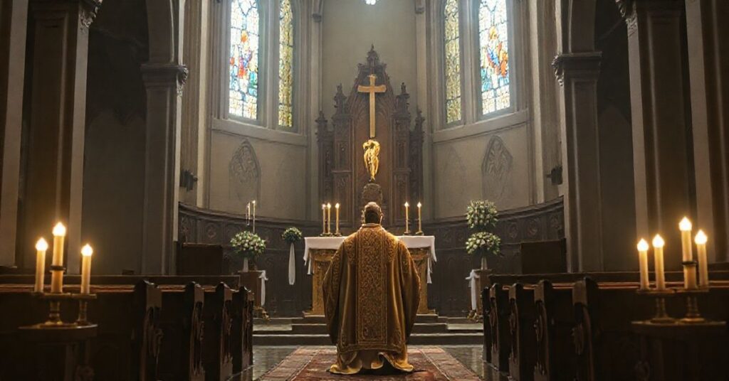 Tradycyjna scena kościelna z kapłanem modlącym się przed Eucharystią, podkreślająca świętość niedzieli i duchową kontemplację w katolickim stylu