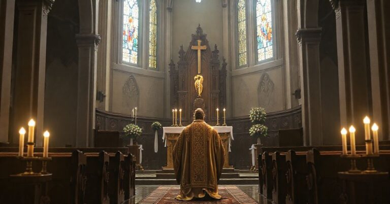 Tradycyjna scena kościelna z kapłanem modlącym się przed Eucharystią, podkreślająca świętość niedzieli i duchową kontemplację w katolickim stylu