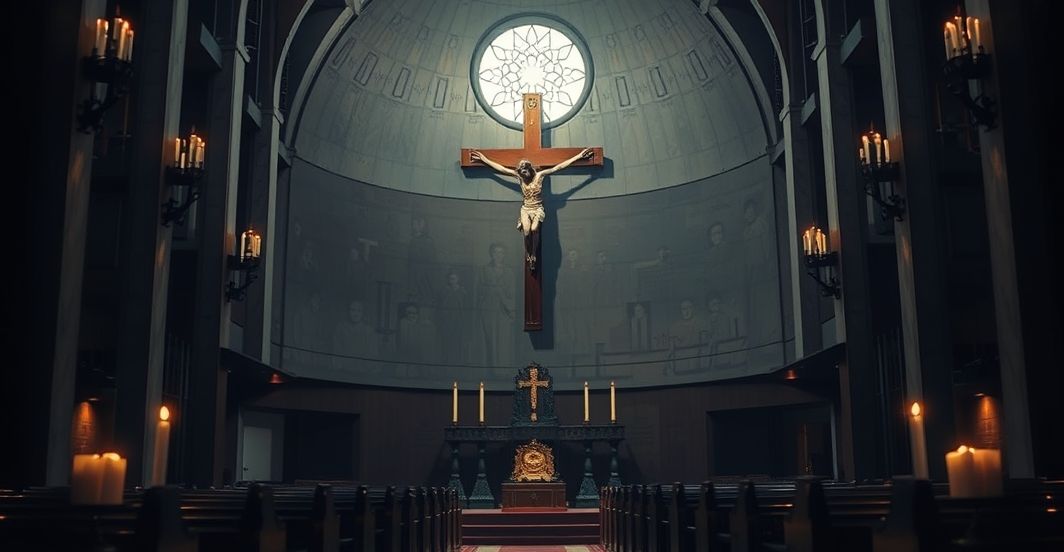 Reverentna scena kościelna z krzyżem i świecami, symbolizująca modlitwę za ofiary tragedii w Sudanie i potrzebę panowania Chrystusa