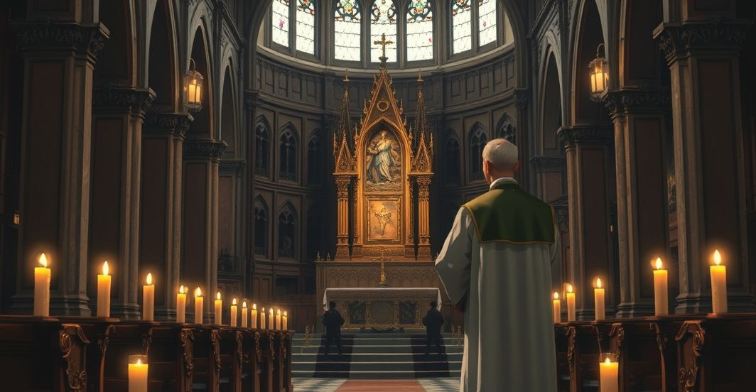 Sanktuarium modlitewne w obliczu współczesnego kryzysu moralnego Reverentna scena kościelna z kapłanem podczas modlitwy w kontekście ostatnich wydarzeń związanych z kryzysem moralnym i duchowym społeczeństwa