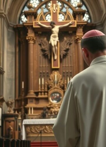 Rewersyjny obraz katolickiego kapłana modlącego się w historycznej bazyliki, symbolizujący powrót do wiernej wiary i krytykę ekumenizmu