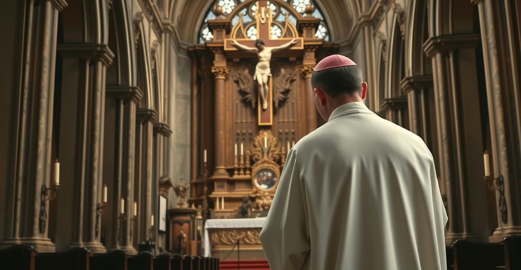 Rewersyjny obraz katolickiego kapłana modlącego się w historycznej bazyliki, symbolizujący powrót do wiernej wiary i krytykę ekumenizmu