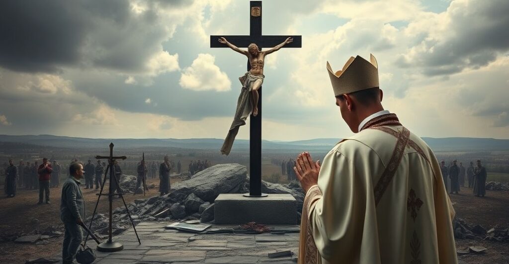 Kapłan modlący się przed krzyżem w kontekście tragedii wojny w Ukrainie, podkreślając duchową refleksję i moralną odpowiedzialność