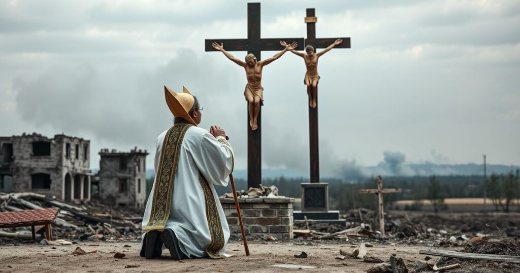 Religijny kapłan modlący się przed krzyżem w kontekście wojny na Ukrainie, symbolizujący moralny sąd i duchowe zmagania
