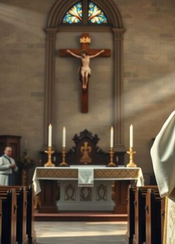 Katolicka scena modlitewna za pokój w obliczu konfliktu Religijna scena kościelna z kapłanem modlącym się za pokój w obliczu konfliktu w Strefie Gazy, scena pełna szacunku i powagi.