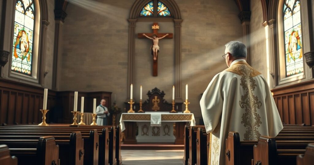 Religijna scena kościelna z kapłanem modlącym się za pokój w obliczu konfliktu w Strefie Gazy, scena pełna szacunku i powagi.