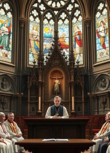 Szanowni Księża podczas narady o przyszłości Kościoła Klericy w tradycyjnych szatach podczas poważnej narady w katedrze, wyraz zaniepokojenia wobec nowoczesnych zmian w Kościele