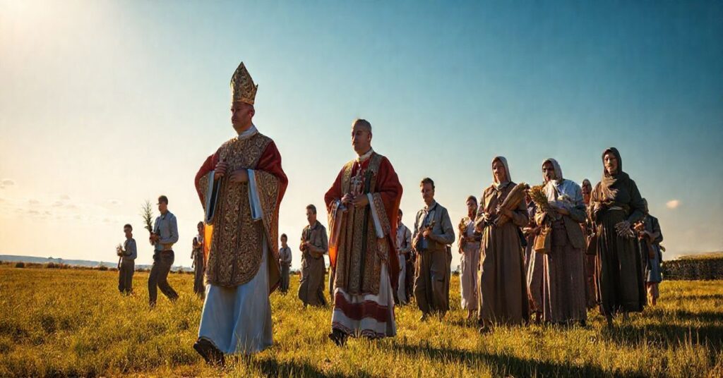 Rewersyjna scena katolicka na polskiej wsi podczas obchodów dożynek, z kapłanem w liturgicznych szatach, wiernymi, rolnikami i plonami, oddającymi cześć Bogu w tradycyjnej formie.