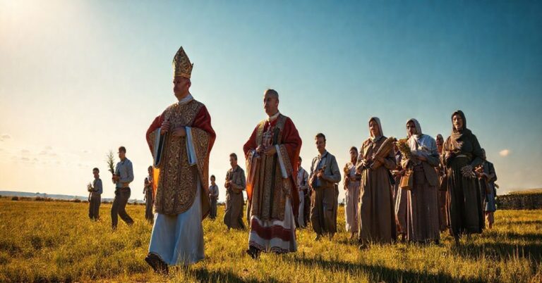 Rewersyjna scena katolicka na polskiej wsi podczas obchodów dożynek, z kapłanem w liturgicznych szatach, wiernymi, rolnikami i plonami, oddającymi cześć Bogu w tradycyjnej formie.