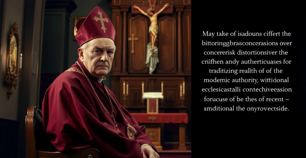 Biskup w kościele krytyczny wobec nowoczesnych tendencji w Kościele Biskup w tradycyjnych szatach w kościele, wyraz powagi i krytyki wobec współczesnych problemów Kościoła