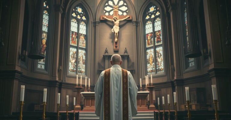 Realistyczne katolickie zdjęcie kapłana przy ołtarzu, refleksyjna atmosfera, głęboka religijność, brak surrealizmu