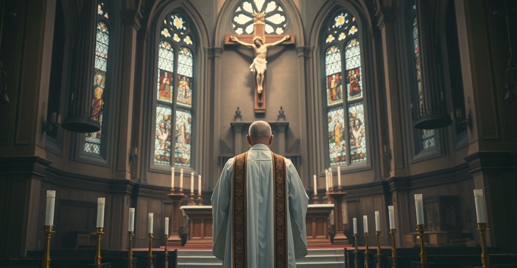 Rewersja wiary katolickiej - scena kapłańska w kontekście kontrowersji modernistycznych trendów Realistyczne katolickie zdjęcie kapłana przy ołtarzu, refleksyjna atmosfera, głęboka religijność, brak surrealizmu