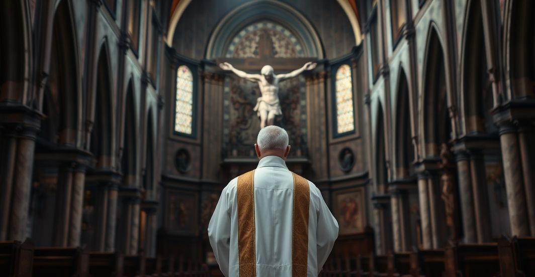 Kapłan katolicki w tradycyjnych szatach przed krucyfiksem w starożytnej świątyni, symbolizujący duchowy kryzys i odrzucenie panowania Chrystusa w polityce amerykańskiej