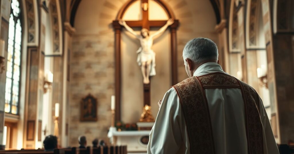 Katolicki kapłan modlący się przed krucyfiksem w kościele, symbolizujący prawdziwą władzę Chrystusa Króla w obliczu współczesnej zdrady i krytyki ekumenizmu
