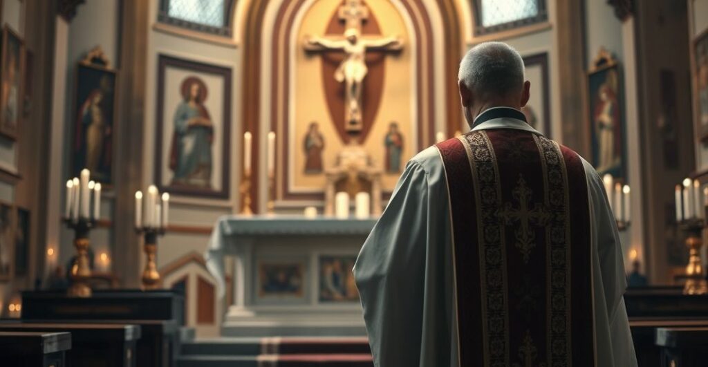 Kapłan katolicki w modlitewnej scenie przy ołtarzu, wyrażający żal i powagę wobec grzechu aborcji i sterylizacji, z symbolem krzyża i świętych obrazów w tle.