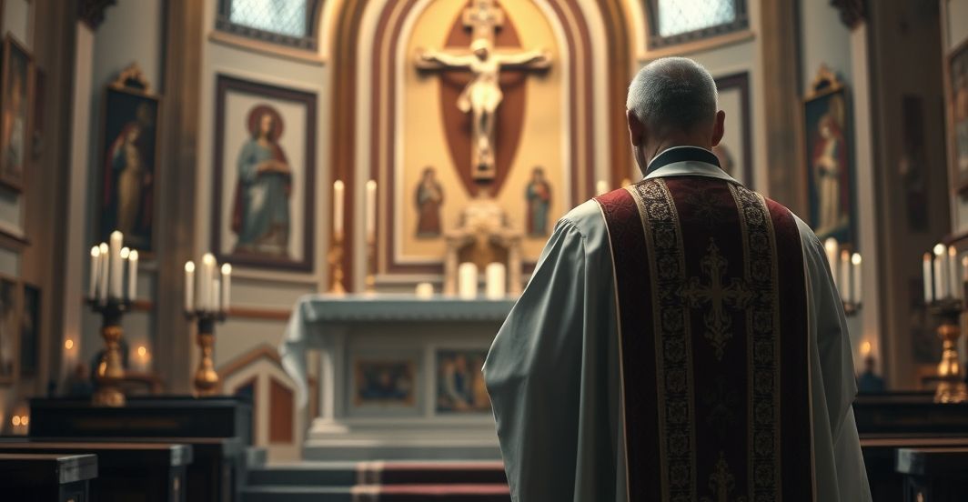 Religijna scena katolicka potępiająca aborcję i sterylizację Kapłan katolicki w modlitewnej scenie przy ołtarzu, wyrażający żal i powagę wobec grzechu aborcji i sterylizacji, z symbolem krzyża i świętych obrazów w tle.