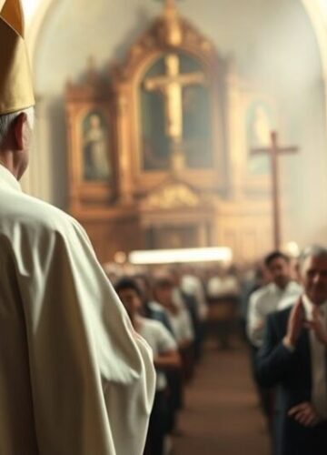 Duchowy kryzys w Kościele katolickim - scena z wiernymi i kapłanem Kapłan w sutannie podczas nabożeństwa w kościele, ukazujący duchowy kryzys i powagę sytuacji związanej z zdradą pasterzy