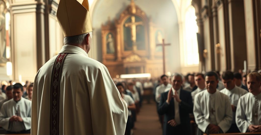 Kapłan w sutannie podczas nabożeństwa w kościele, ukazujący duchowy kryzys i powagę sytuacji związanej z zdradą pasterzy