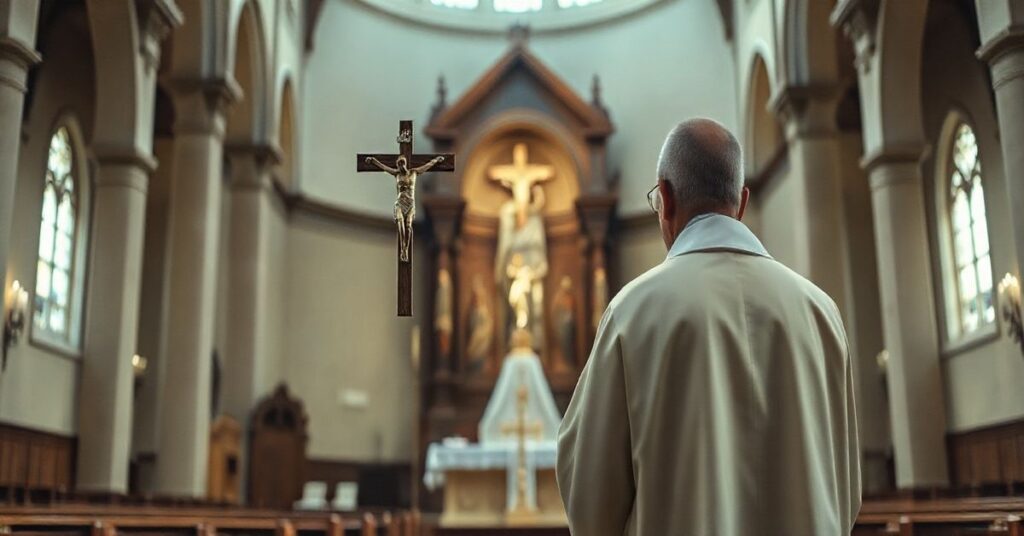 Tradycyjna scena kościelna z kapłanem modlącym się przed ołtarzem, wyrażająca troskę i moralny sprzeciw wobec eksperymentów medycznych na dzieciach w katolickim stylu