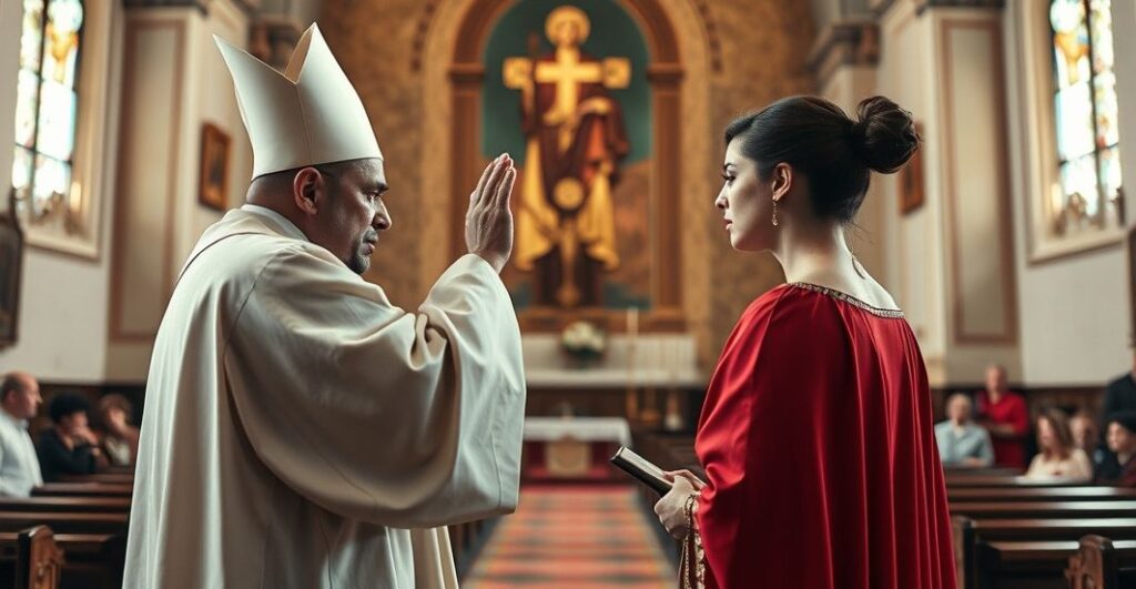 Kapłan katolicki w tradycyjnych szatach błogosławiący homoseksualną parę w kościele, scena krytyczna wobec modernistycznych praktyk religijnych