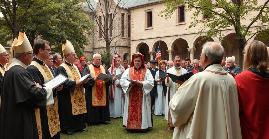 Fotografia realistycznego, poważnego zgromadzenia katolickiego z duchownymi w strojach liturgicznych podczas koncertu, podkreślająca refleksję nad utratą prawdziwej wiary i krytykę ekumenicznego chaosu