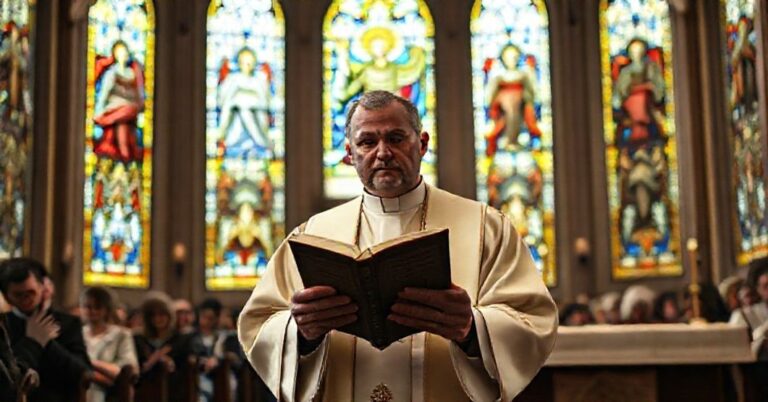 Wnętrze kościoła katolickiego z witrażami przedstawiającymi Chrystusa Króla i skupionych wiernych. Na pierwszym planie smutny ksiądz w liturgicznych szatach trzyma zamknięty tom prawa, symbolizujący brak boskiej władzy w polityce. Scena oświetlona delikatnym światłem naturalnym przez witraże.