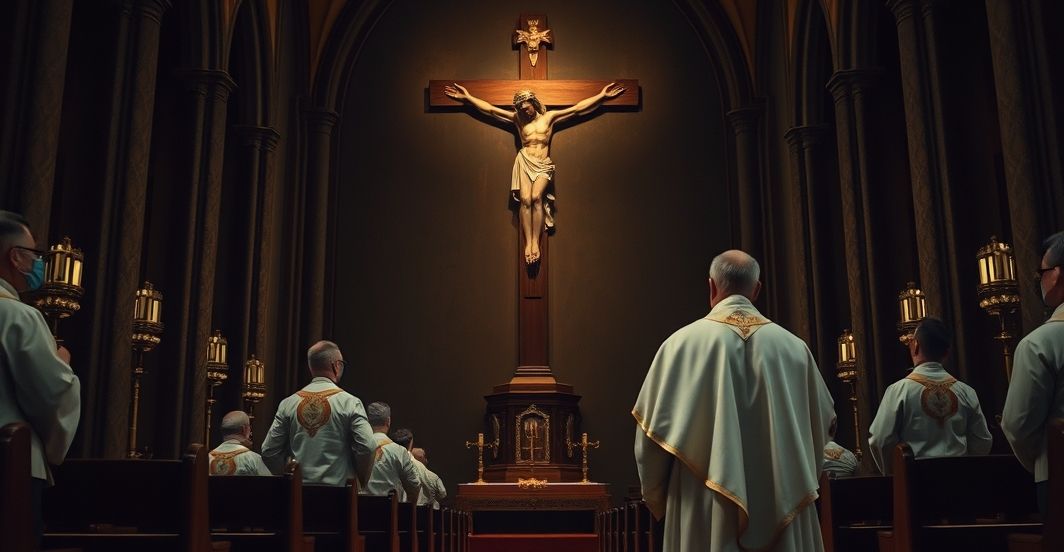 Ksiądz przed krzyżem w duchu krytyki modernizmu w Kościele Ksiądz w tradycyjnej szacie przed krzyżem, ukazujący duchowe skupienie i krytykę modernistycznych tendencji w Kościele