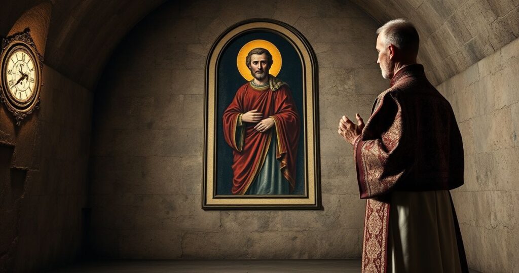 Reverent katolicki kapłan modli się przed freskiem św. Augustyna w podziemiach krypty, symbolizując autentyczną tradycję i sprzeciw wobec modernistycznych tendencji
