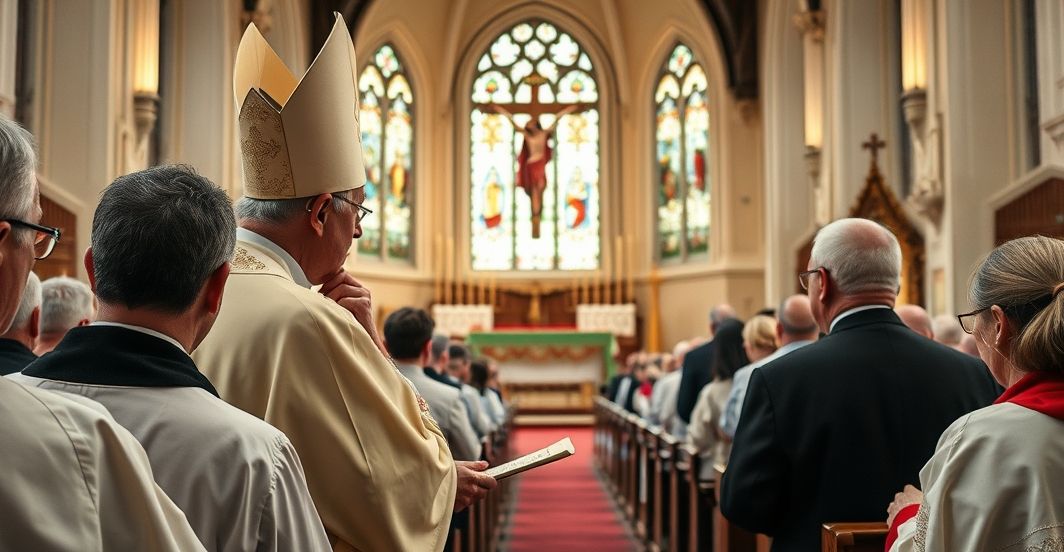 Religijne nabożeństwo katolickie z krytycznym akcentem wobec modernizmu Kler i wierni podczas nabożeństwa katolickiego, wyraz głębokiej refleksji i powagi, ukazanie tradycyjnego Kościoła w kontekście krytyki modernistycznych tendencji