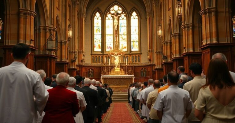 Wnętrze tradycyjnego kościoła katolickiego z modlącymi się wiernymi przed ołtarzem z krzyżem. Scena odnosi się do dyskusji teologicznych na temat śmierci i zmartwychwstania.