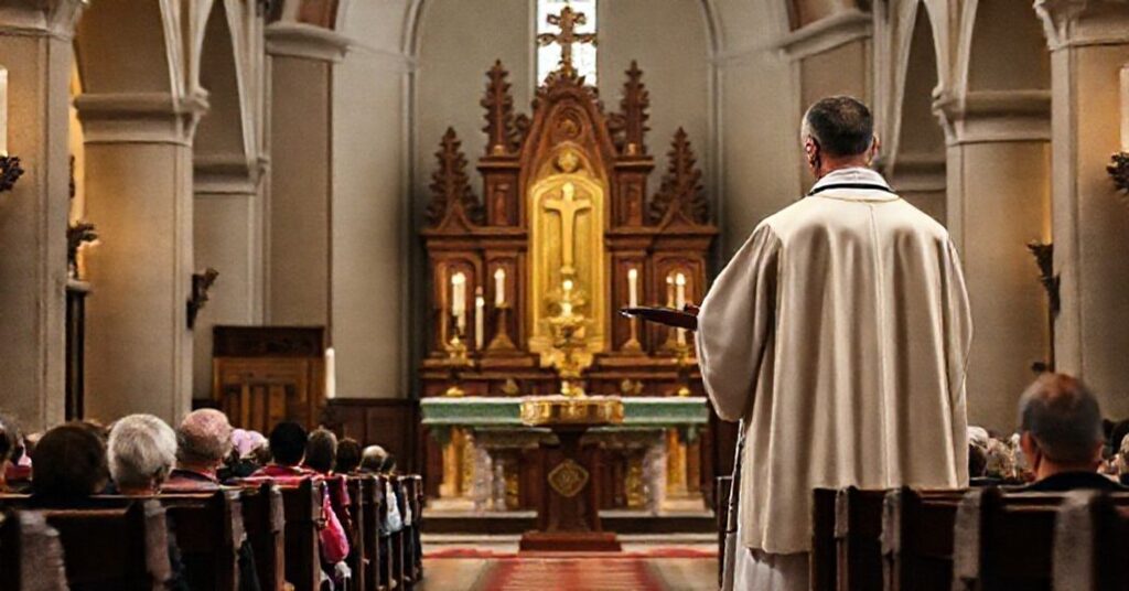 Wnętrze tradycyjnego kościoła katolickiego z księdzem w ornatach przed ołtarzem trzymającym cyborium z hostiami niskoglutenowymi. Widoczny jest Tabernakulum na tle modlących się wiernych.