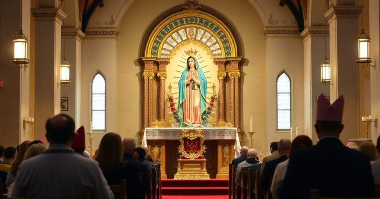 Wnętrze katolickiego kościoła z rzeźbą Matki Bożej z Guadalupe w tradycyjnym stroju otoczoną modlącymi się wiernymi. Na tle widnieje postać 'Leona XIV' wygłaszającego homilię sprzeczną z katolicką doktryną.