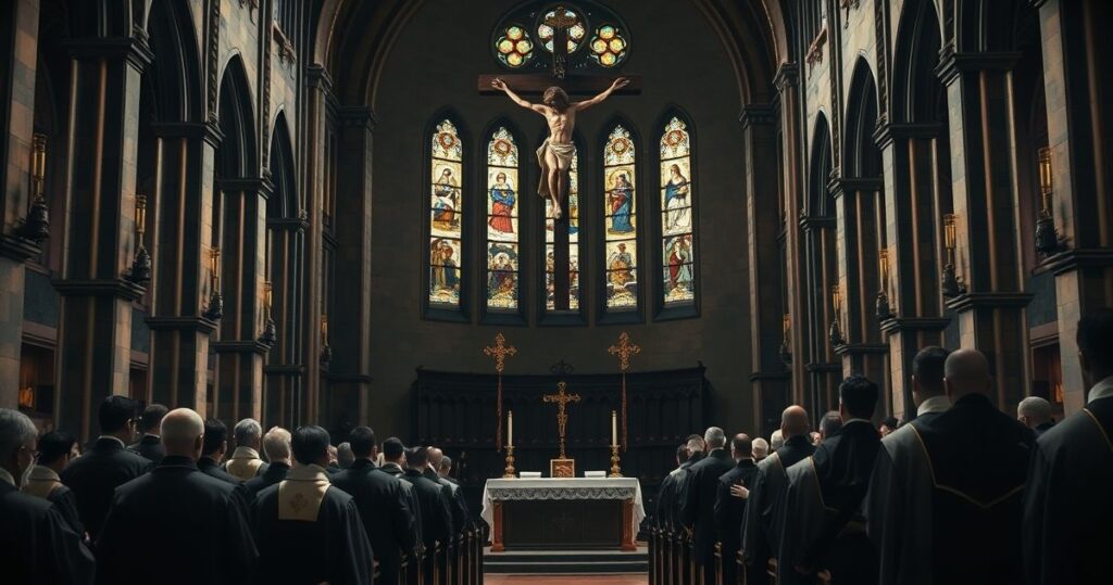 Poważne, realistyczne zdjęcie katolickiego zgromadzenia z duchownymi w tradycyjnych strojach, refleksja nad kontrowersyjnymi wydarzeniami w Kościele