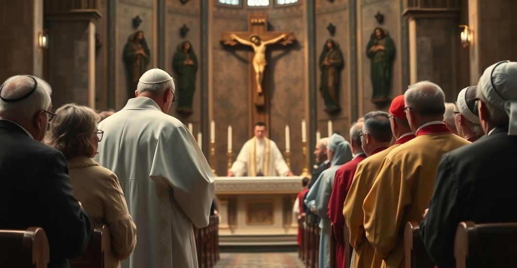 Uczestnicy katolickiego zgromadzenia, krytycznie słuchający duchownego podczas mszy, z wyrazami powagi i troski o wiarę
