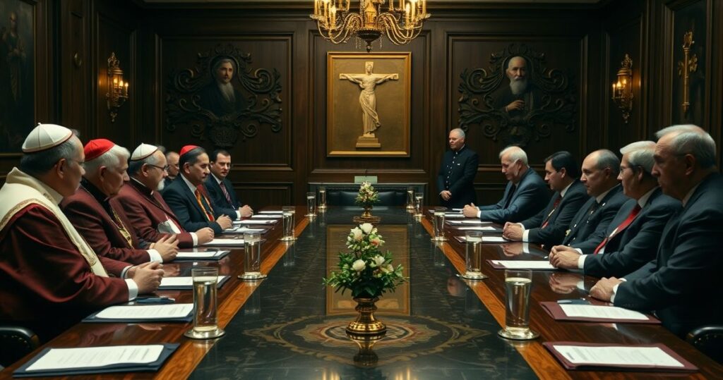 Realistyczne zdjęcie katolickiego oficjalnego spotkania dyplomatycznego, ukazujące powagę i krytykę moralną wobec zdrady chrześcijańskich wartości przez światowych przywódców