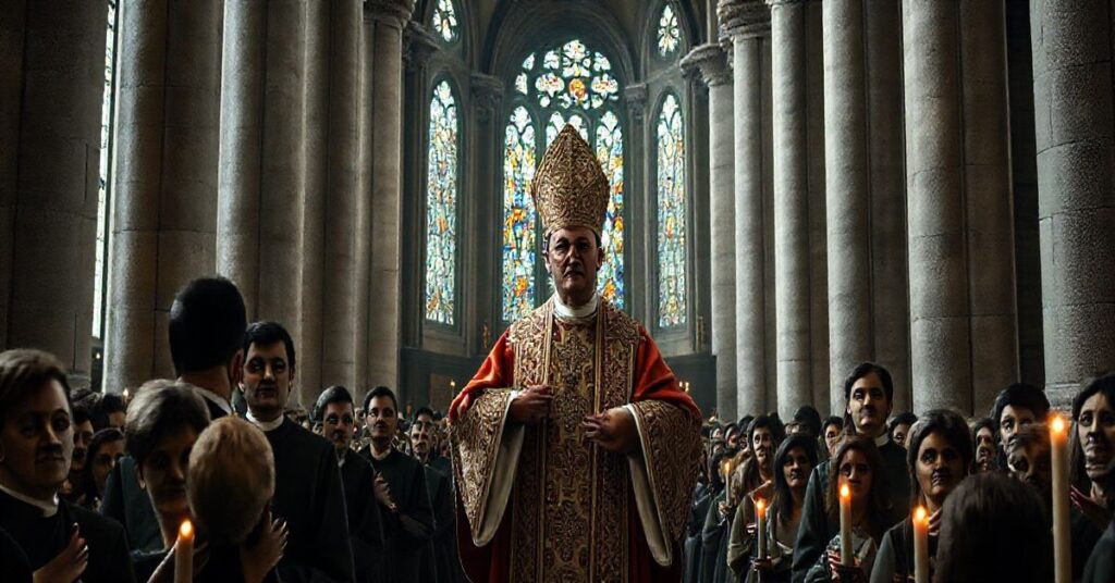 Fotografia realistycznego, poważnego zgromadzenia katolickiego z biskupem w tradycyjnych szatach, wywołująca powagę i refleksję nad kontrowersjami w Kościele