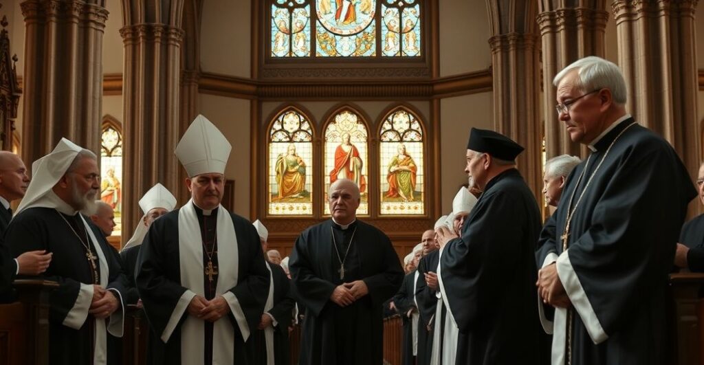 Księża katoliccy w tradycyjnych strojach w historycznym wnętrzu kościoła, wyrażający krytykę wobec modernistycznych wpływów w Kościele, refleksja nad zagrożeniami modernizmu i ekologistycznej agendy