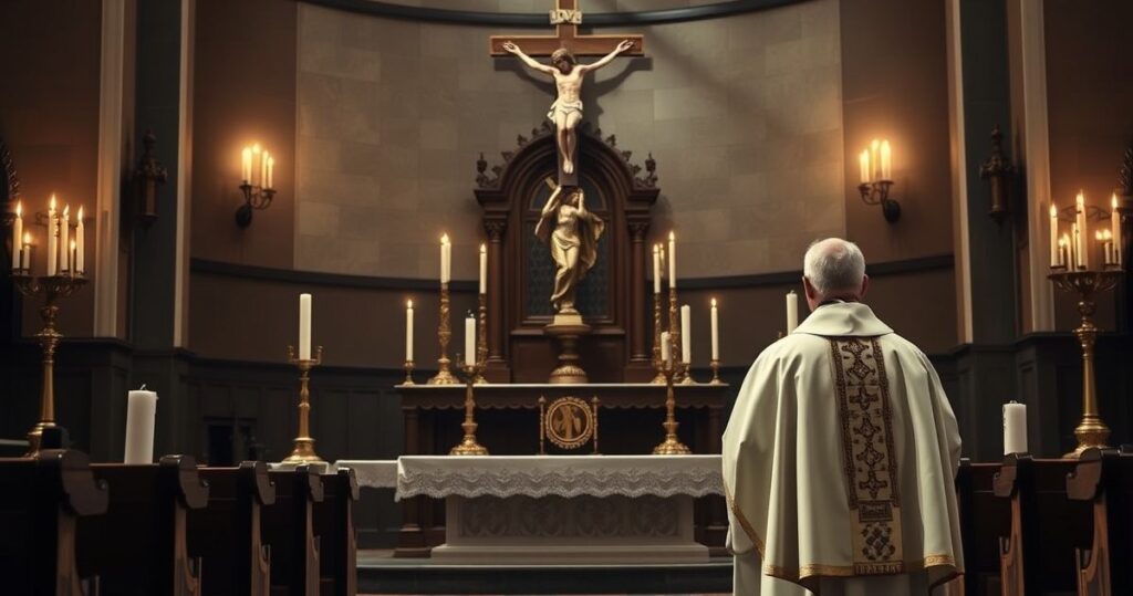Ołtarz kościelny z krucyfiksem i kapłanem w ornatach, symbolizujący autorytet Chrystusa Króla w tradycyjnej, pełnej szacunku scenerii kościelnej