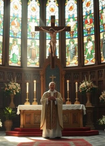 Religijne zdjęcie ołtarza w tradycyjnym stylu, ukazujące Chrystusa Króla Realistyczne, pełne szacunku zdjęcie tradycyjnego ołtarza w kościele, z krzyżem, świecami i kapłanem w ornacie, ukazujące majestat Chrystusa Króla, bez surrealistycznych elementów, odpowiednie jako zdjęcie wyróżniające na katolickim blogu.