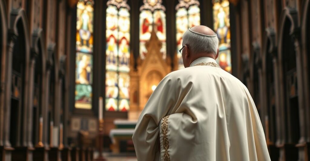 Realistyczne zdjęcie biskupa w tradycyjnych szatach kościelnych wewnątrz świątyni, ukazujące powagę i wierność katolickiej tradycji