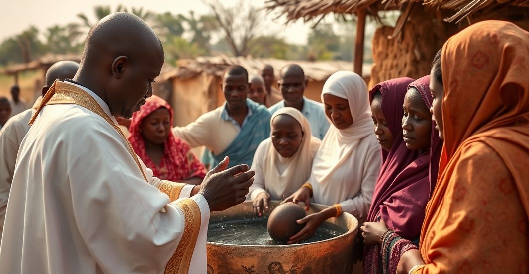 Rekonstrukcja sakramentu chrztu w Nigerze, ukazująca katolicką ceremonię w kontekście trudnej sytuacji bezpieczeństwa, głęboka wiara i modlitwa w obliczu przemocy