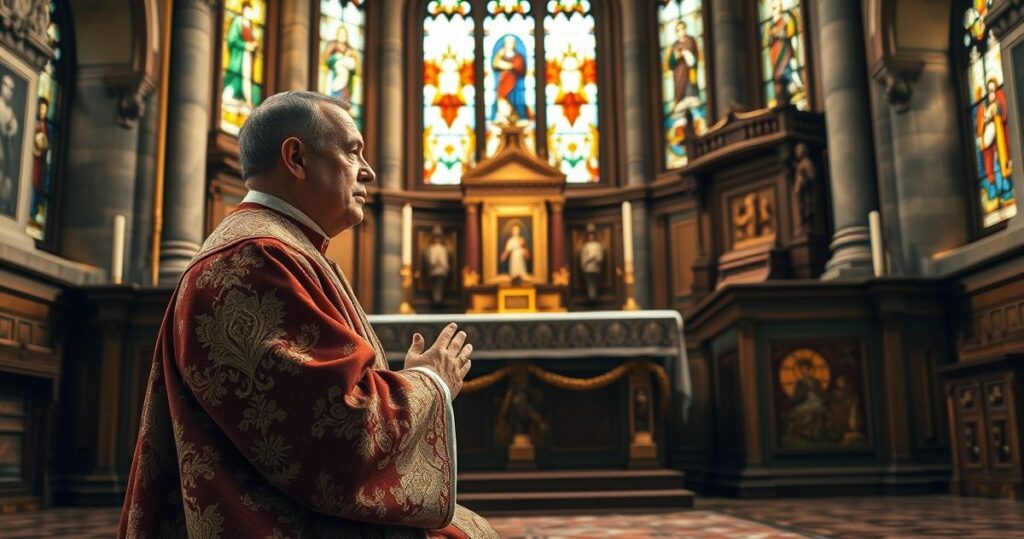 Reverentny katolicki duchowny modlący się w tradycyjnej świątyni podczas nabożeństwa, symbolizujący wierność Tradycji i krytykę nowoczesnego hierarchicznego odchylenia.