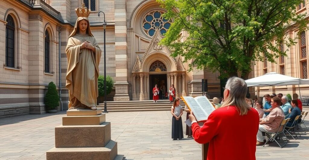 Realistyczne zdjęcie kościelnego dziedzińca z figurą Najświętszego Serca, ukazujące wydarzenie z udziałem dzieci, które na tle sakralnej przestrzeni słuchają poezji, krytykujące profanację i synkretyzm w katolickiej przestrzeni
