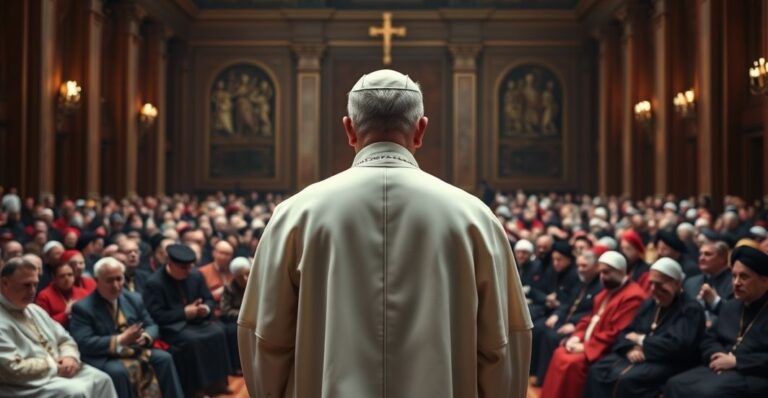Ksiądz katolicki w ornatach przed zgromadzeniem religijnych liderów, symbolizujący krytykę ekumenizmu i zdradę wiary katolickiej