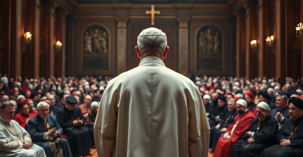 Ksiądz katolicki w ornatach przed zgromadzeniem religijnych liderów, symbolizujący krytykę ekumenizmu i zdradę wiary katolickiej
