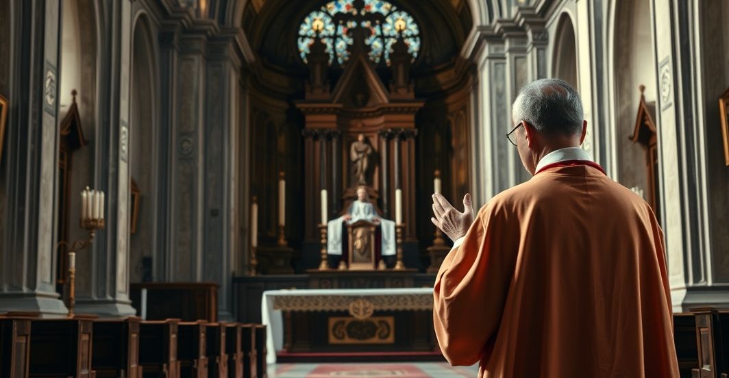 Kapłan modlący się w tradycyjnej liturgii w kościele, symbolizujący autentyczną wiarę katolicką w obronie życia i Królestwa Chrystusa