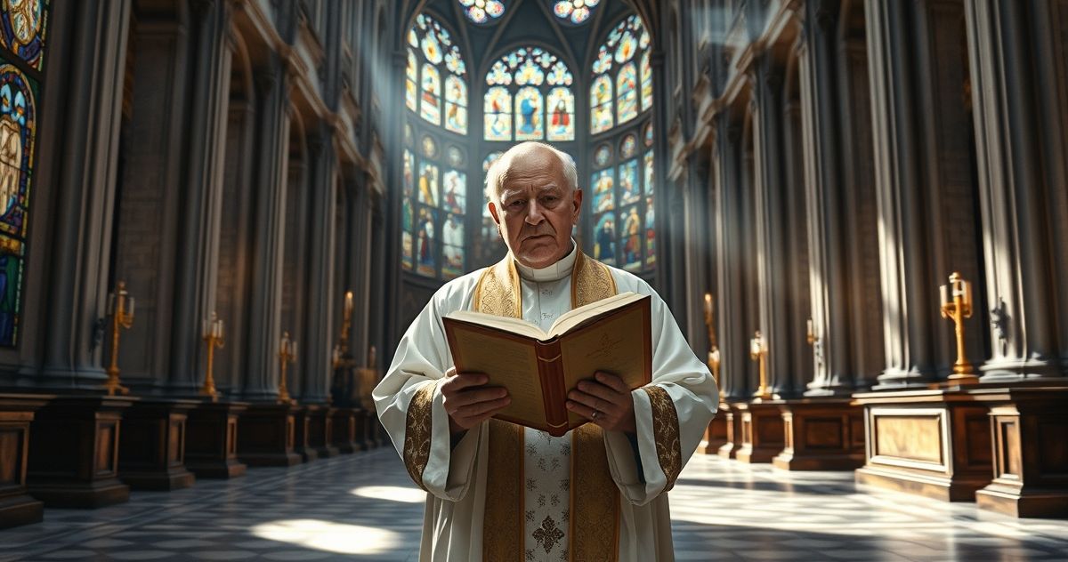 Realistyczny obraz starszego kapłana w tradycyjnych szatach katolickich, odczytującego Biblię w świątyni z powagą, przy świetle z witraży, symbolizujący wierność naukom Kościoła sprzed 1958 roku.