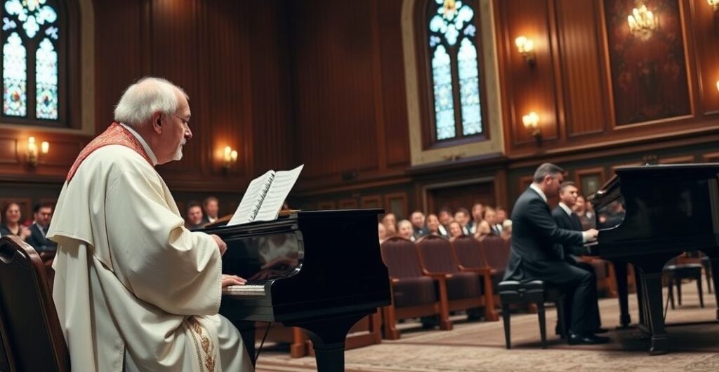 Klasztorna scena koncertowa z kapłanem słuchającym poważnego pianisty w tradycyjnym ujęciu, wyrażająca szacunek dla muzyki sakralnej