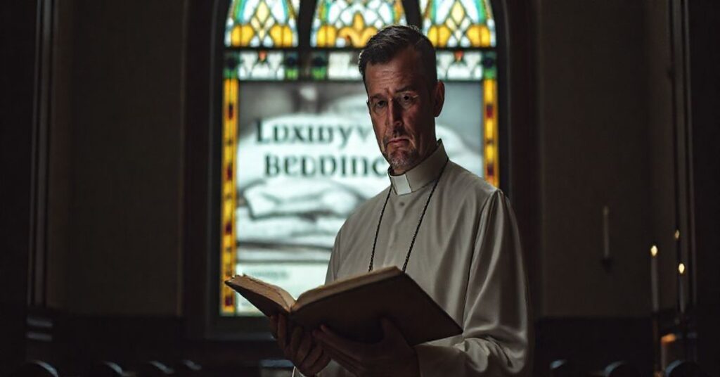 Książ katolicki w kaplicy patrzy na reklamę kołdry przez witraż - symbolizując materializm w przestrzeni sakralnej.