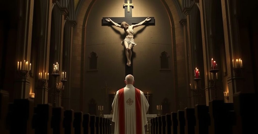 Replikacja katolickiego kapłana przed krucyfiksem w kryzysie sprawiedliwości Kapłan w tradycyjnych szatach stojący przed krucyfiksem, wyraz powagi, refleksja nad kryzysem katolickiej sprawiedliwości i odrzuceniem boskiego porządku